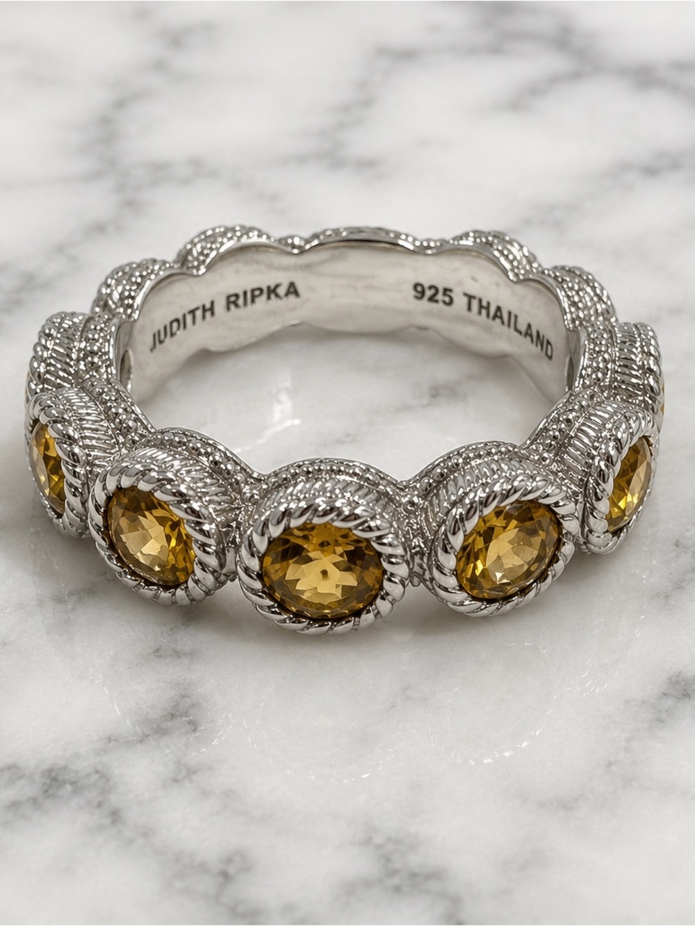 Judith Ripka 925 Sterling Silver Citrine Eternity Band Ring Size 6.75 Signed